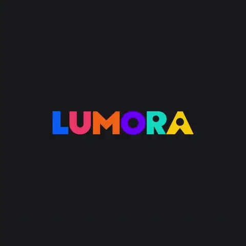 LUMORA logo animation with colourful letters dropping in one by one
