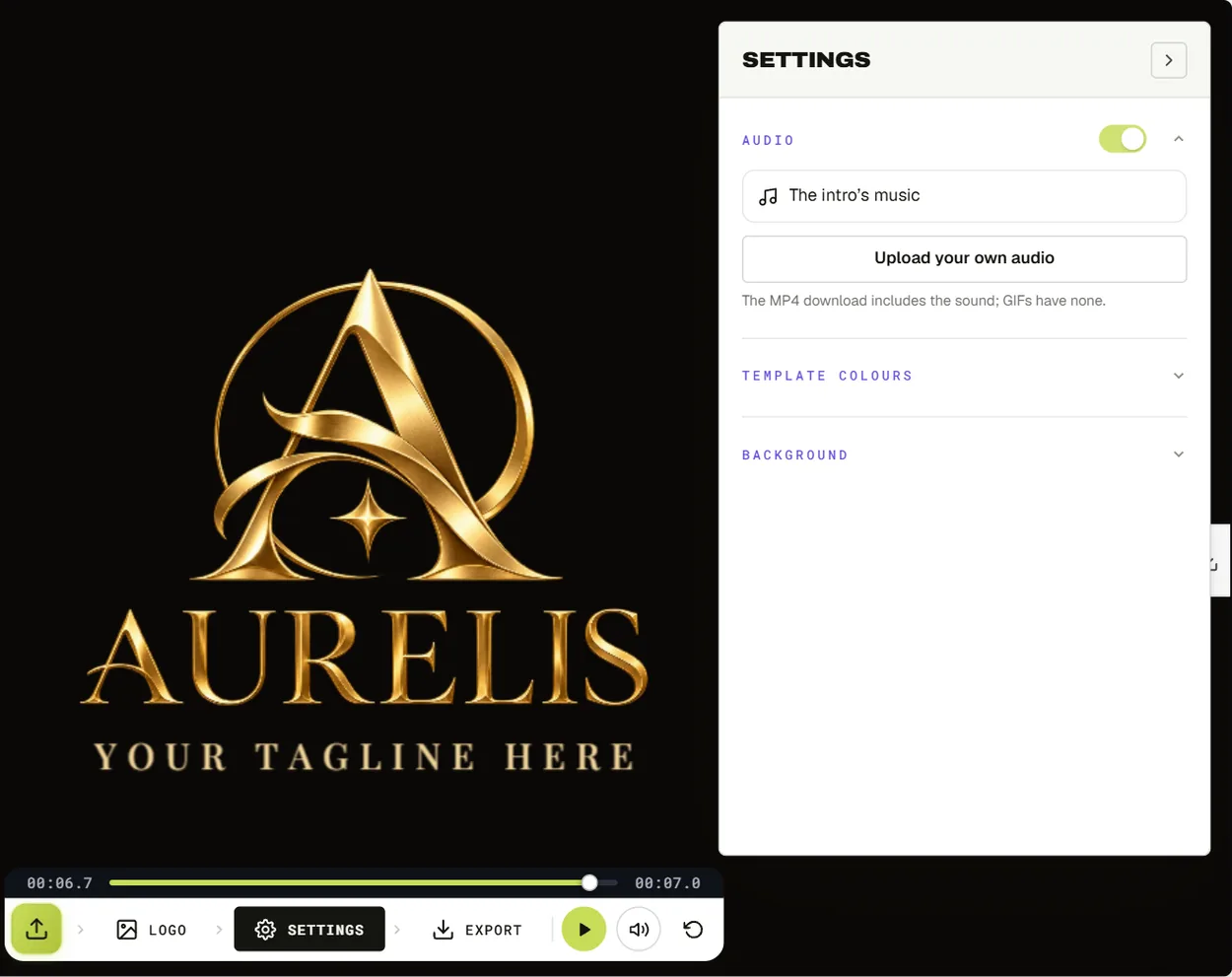 The Audio section in the logo intro maker settings, with the intro's music on and an upload your own audio button