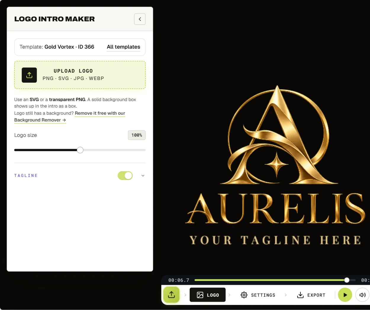 The Logo panel of the logo intro maker with the upload button, logo size slider and tagline switch