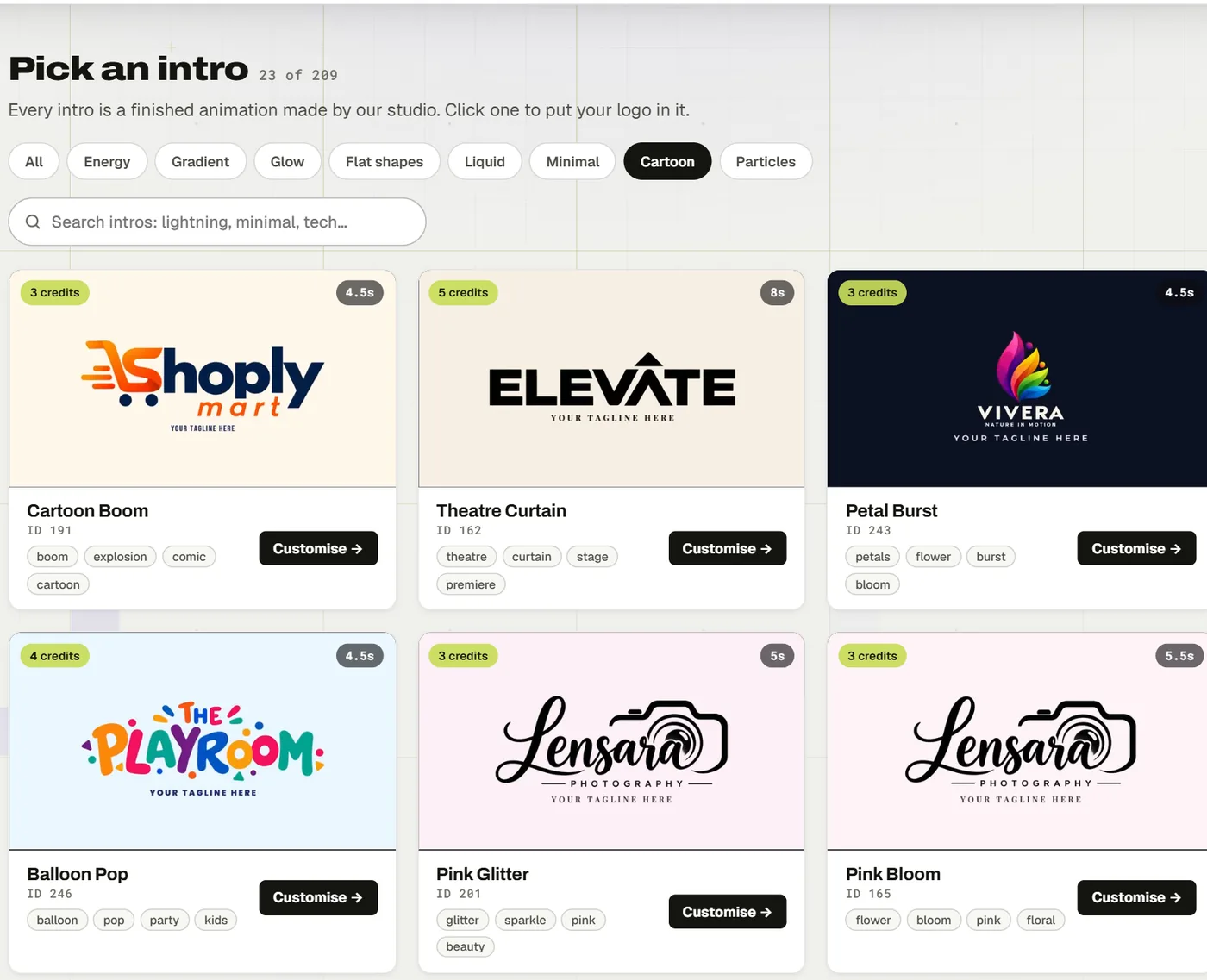 Logo intro templates filtered to the Cartoon style, each card showing its price and length