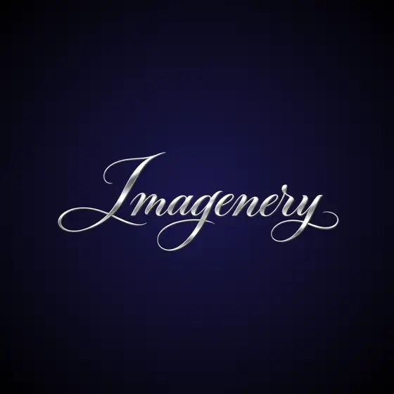 Signature logo animation of the name Imagenery in silver script on a navy background