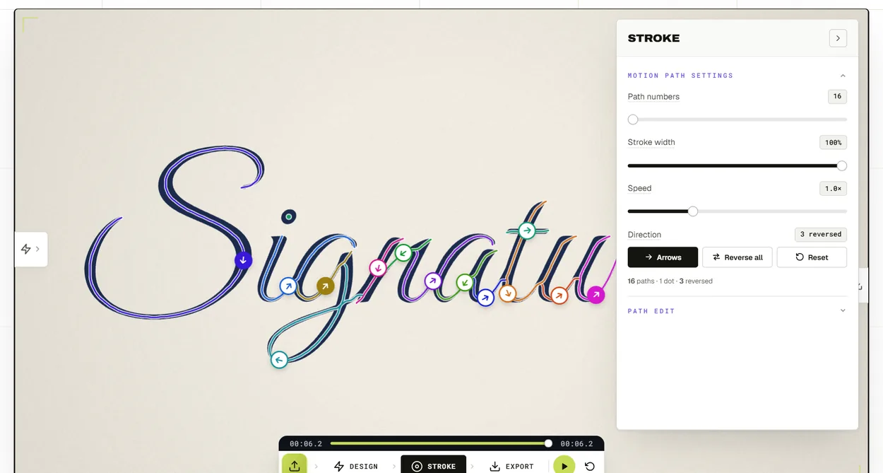 Direction arrows on every stroke of a signature in the Signature Animator