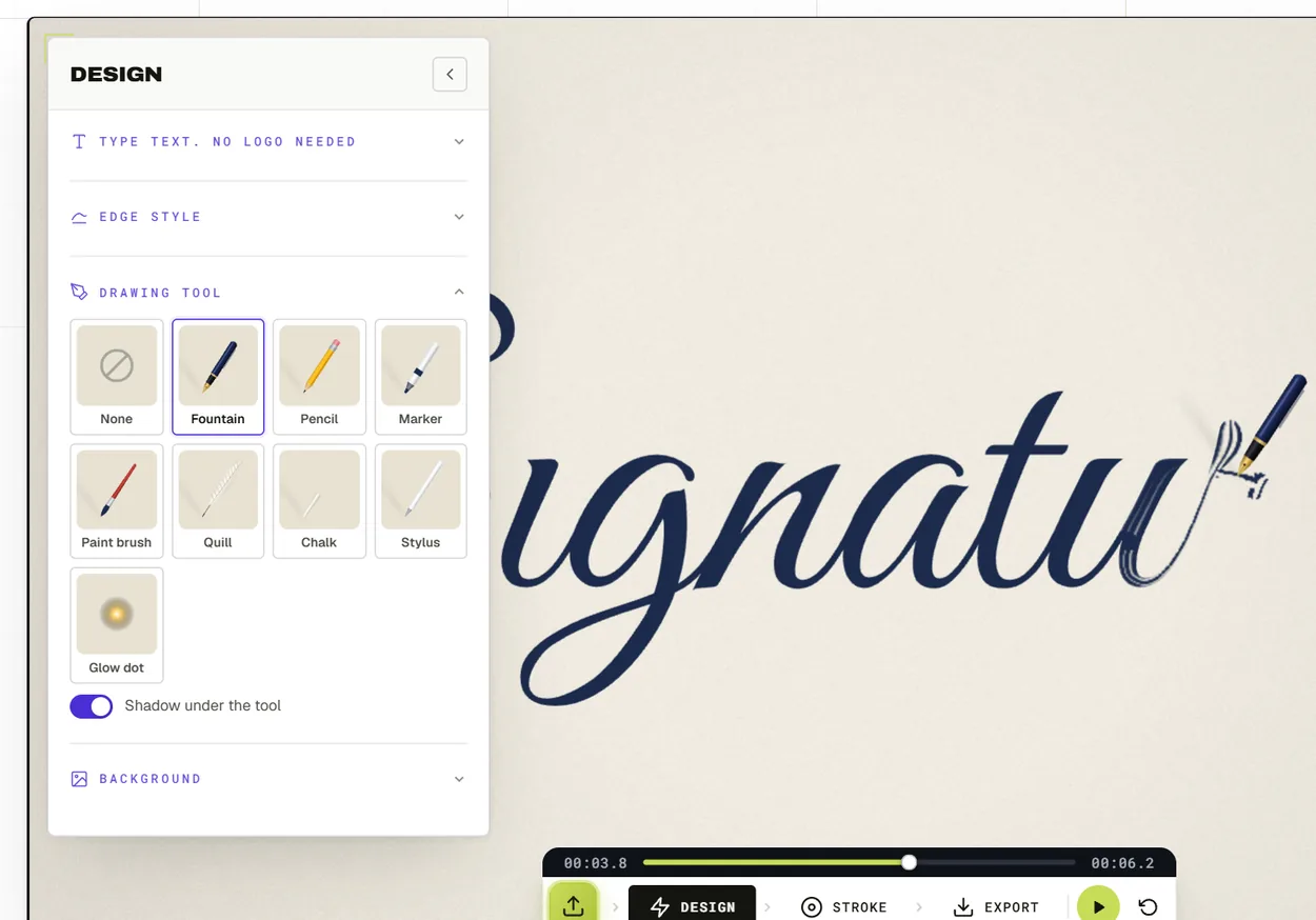 Drawing tool choices in the Signature Animator, from a fountain pen to a glow dot