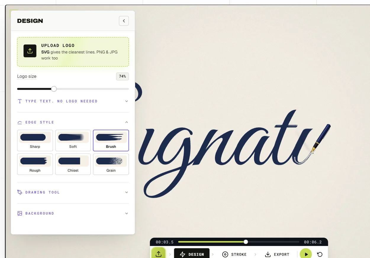 The six edge styles in the Signature Animator: Sharp, Soft, Brush, Rough, Chisel and Grain
