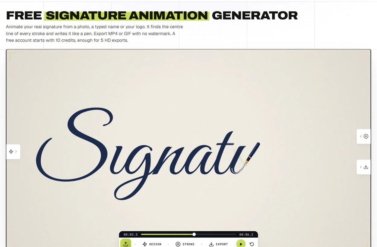 The Signature Animator writing a signature with a fountain pen on cream paper