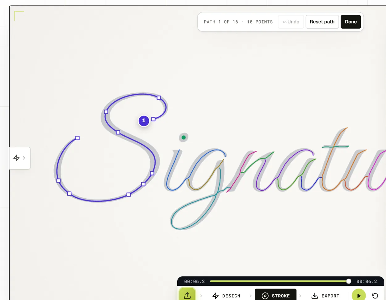 Path edit in the Signature Animator showing the points of a signature's capital S