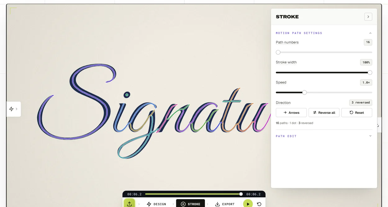 Stroke panel of the Signature Animator with each traced stroke of a signature shown in its own colour