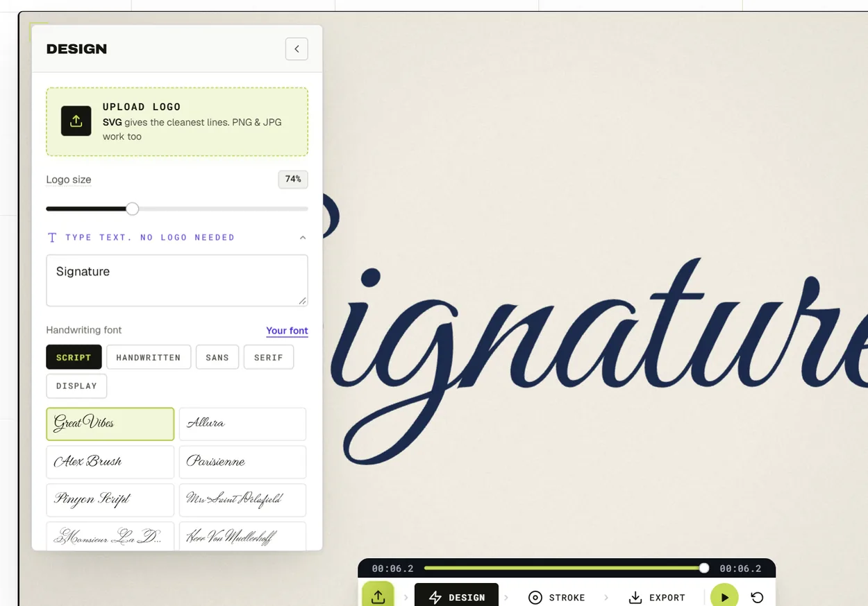 Design panel of the Signature Animator with the Upload logo card, the Logo size slider and the script font list