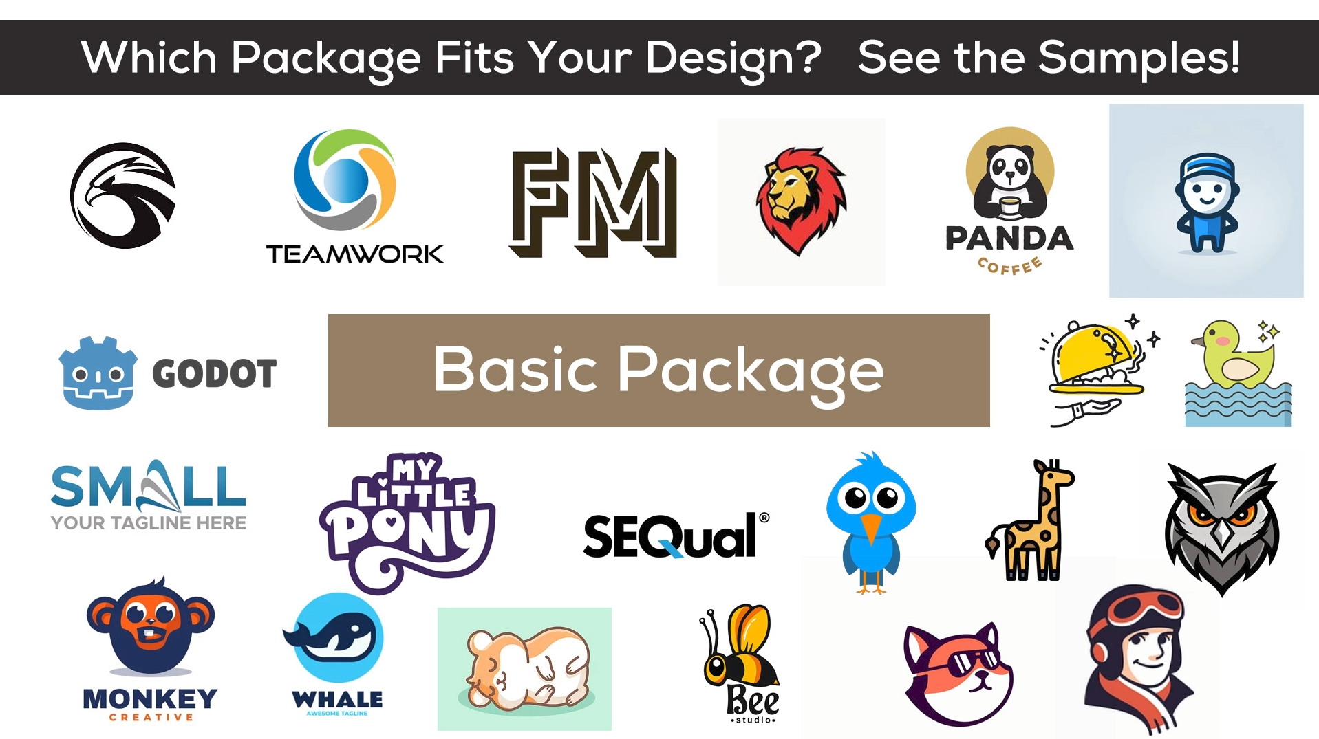 Basic package samples — simple flat-colour logos and wordmarks hand-redrawn as clean vector artwork