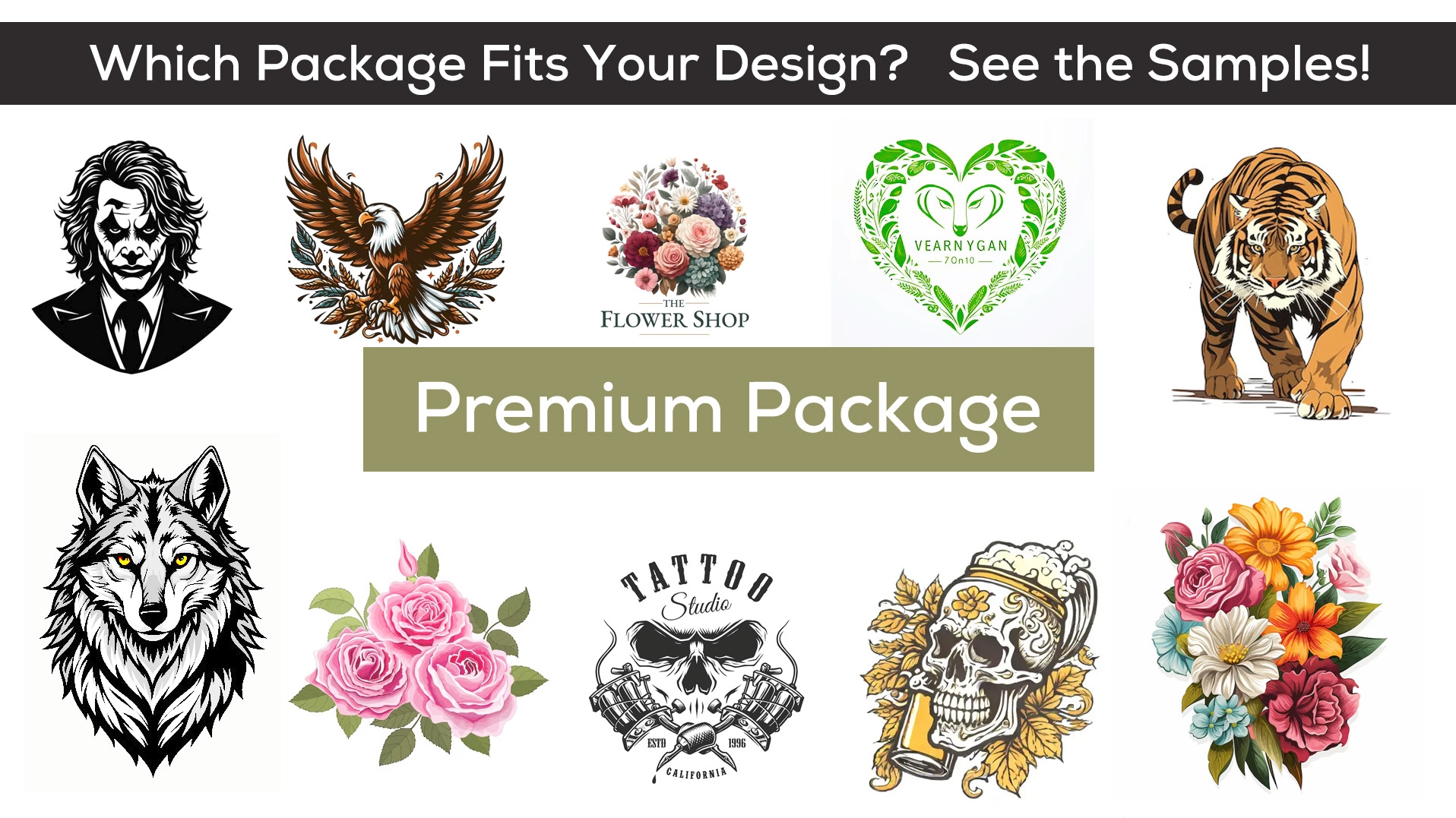 Premium package samples — complex mascot and illustration logos rebuilt as fully editable vector artwork