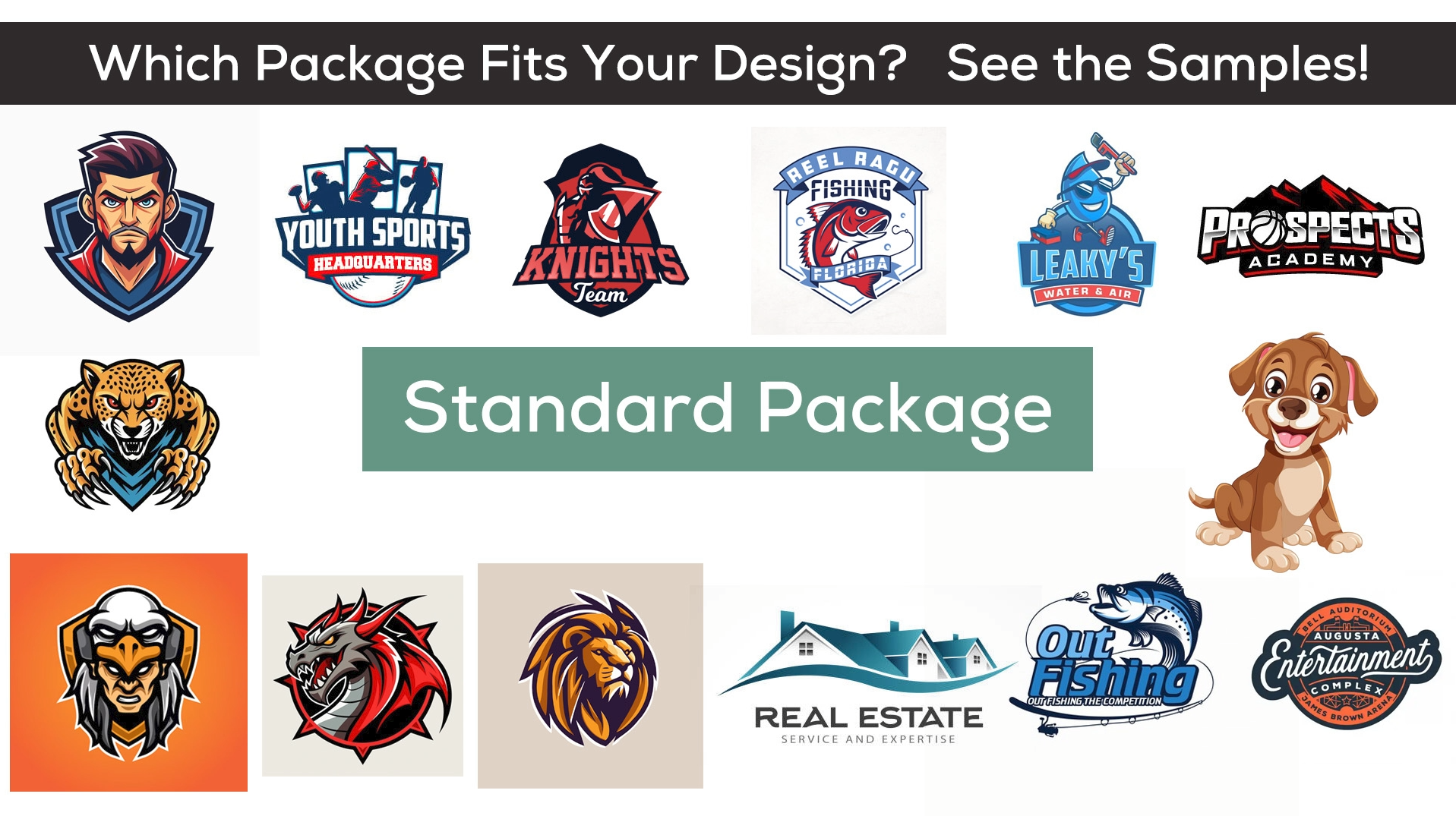 Standard package samples — detailed logos with gradients and up to eight colours redrawn as vectors